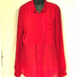Red silk and sheer button down top size large